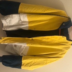 Corduroy yellow, blue, white jacket.
